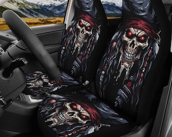 Gothic Halloween Auto Kissenbezüge, Skelett Schädel Auto Kopfstütze Bezüge, Biker Schädel Sitzbezüge für Fahrzeuge, Teufel Geister LKW Sitzbezüge