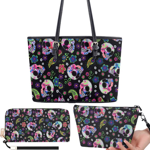 Calaveras skull tote bag, sugar skull wallet, day of the dead purse, floral skull bag with shoulder strap, cinco de mayo skull purse bag