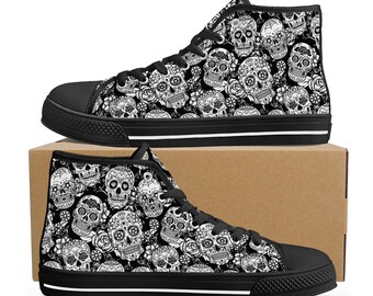 Dia de los muertos skull hight top sneakers, floral sugar skull shoes for him, sugar skull girl shoes for her, calaveras skull women shoes