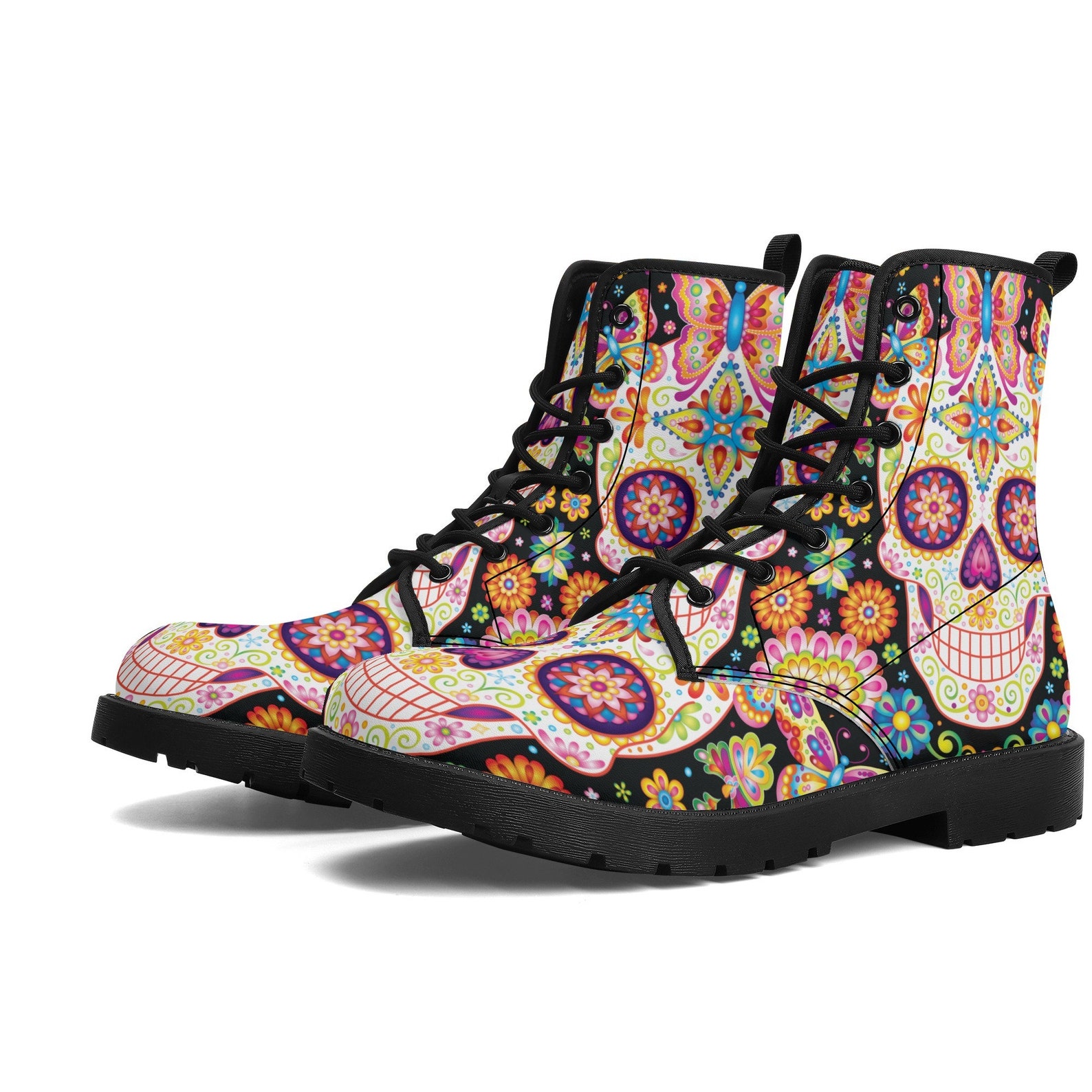 Sugar Skull Skeleton Girly Feather Boho Pattern Print Men Women Leather Boots main image 1