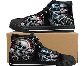 Hoge schoenen Skull - skelet biker-sneakers met motorontwerp, schoeisel in gothic-stijl