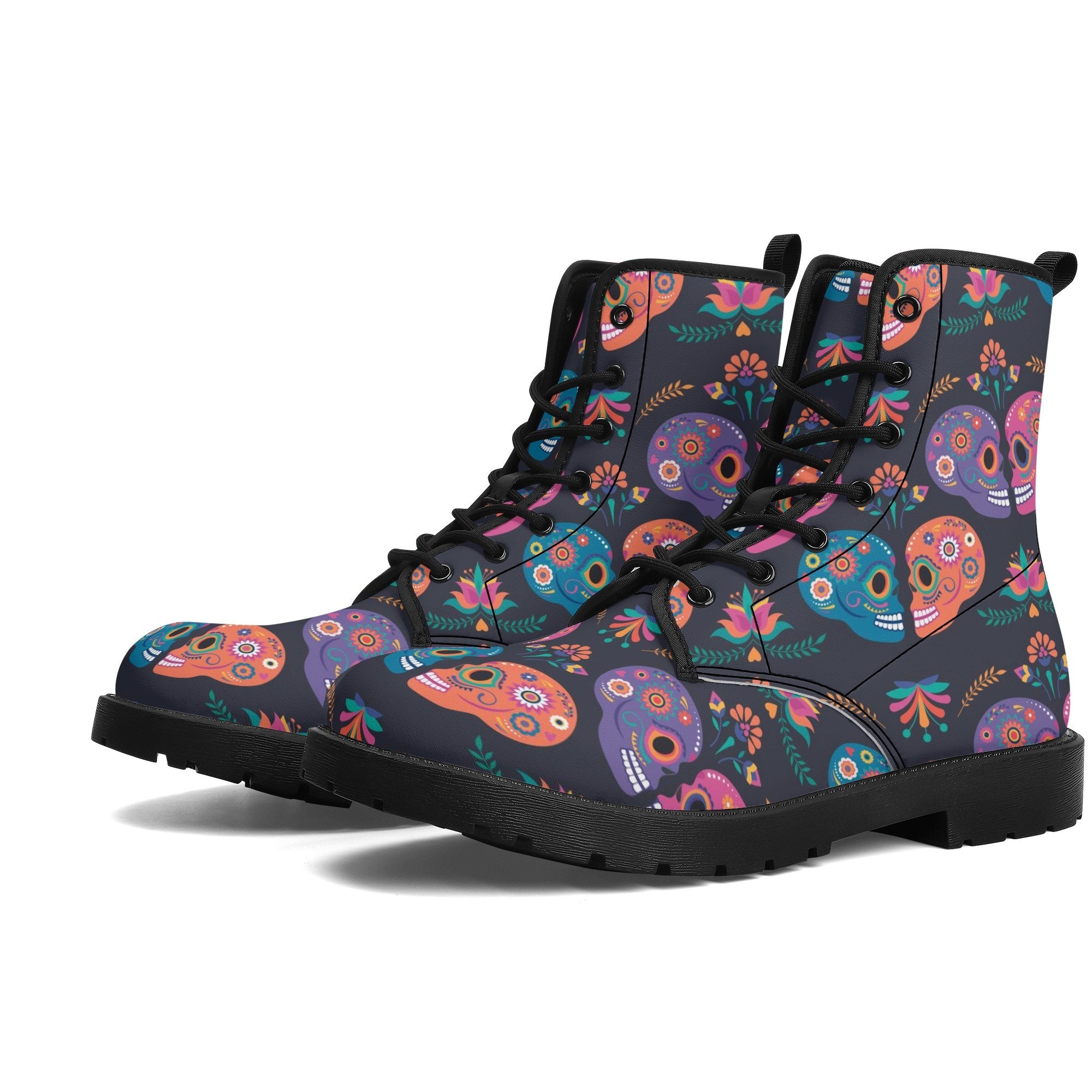 Sugar Skull Skeleton Girly Floral Rose Pattern Print Men Women Leather Boots main image 1