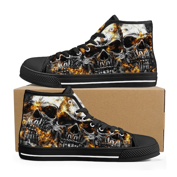 Flaming Skull Canvas Sneakers, Flame Gothic Skull Shoes Gift