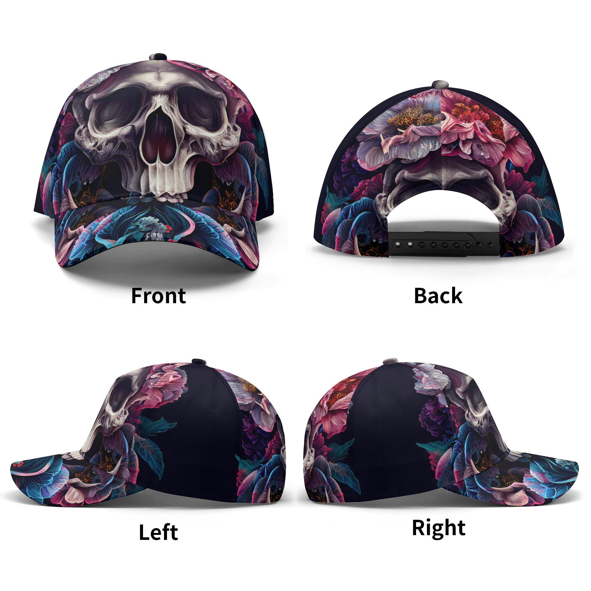 Floral Skull Cap - Gothic Rose Skull Hat, Biker Style