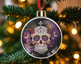 Candy Skull Ornament Purple Flower Skull Dia de los Muertos Tree Bauble Decor Gift, sugar skull ornament, day of the dead
