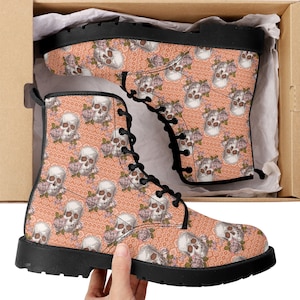 Skull floral shoes, floral skull waterproof boot, halloween men women shoes gothic skull waterproof shoes motorcycle skull ankle Boots shoes