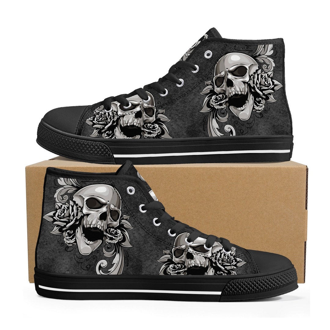 Gothic Skull Canvas Sneakers, Gothic Skull Shoes Gift, Flower Skull Women Shoes, Rose Skull