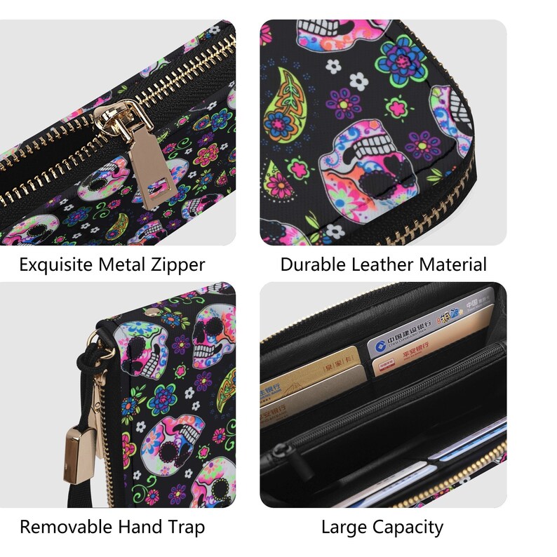 May include: A black zippered wallet with a colorful skull and floral print. The wallet has a removable hand strap and a large capacity for cards and cash.