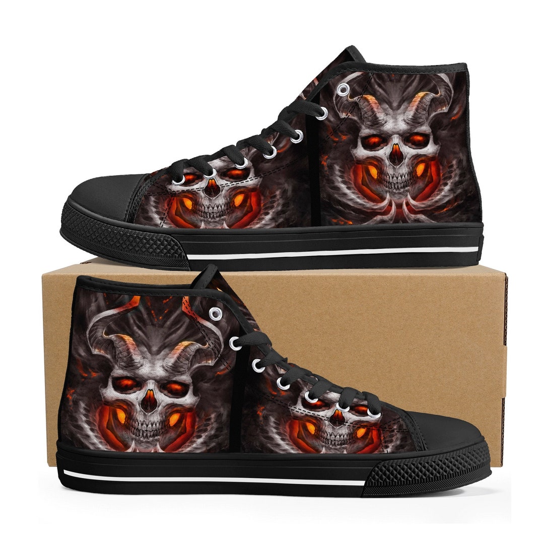 Flaming Skull Canvas Sneakers, Flame Gothic Skull Shoes Gift, Fire Skull Women Shoes, Rose Skull