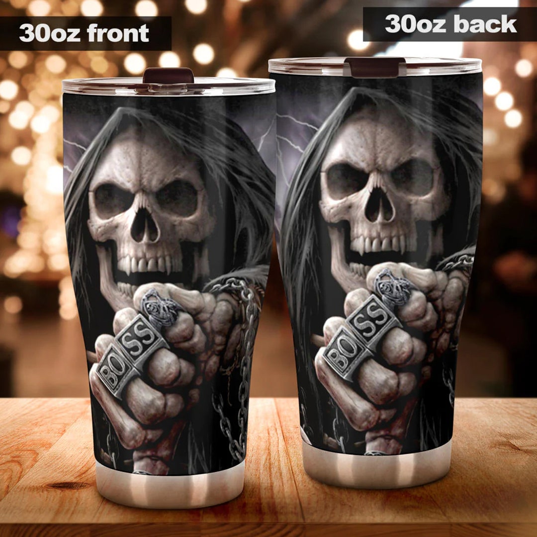 Tazza Grim Reaper 550 Ml Per Halloween | Teschio Mietitore In Acciaio Inox Con Fodera Termica E Manico Ergonomico, Idea Regalo