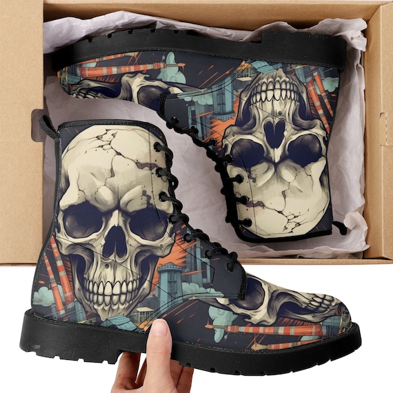 Skeleton waterproof Lace Up Anti-Slip platform nooties, grim reaper combat  boots, gothic skull ankle Boots, flower skull boots, halloween