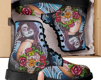 Floral sugar skull girl boots for women grim reaper gothic women boots Halloween Candy skull skeleton boots, rose mexico skull leather boots