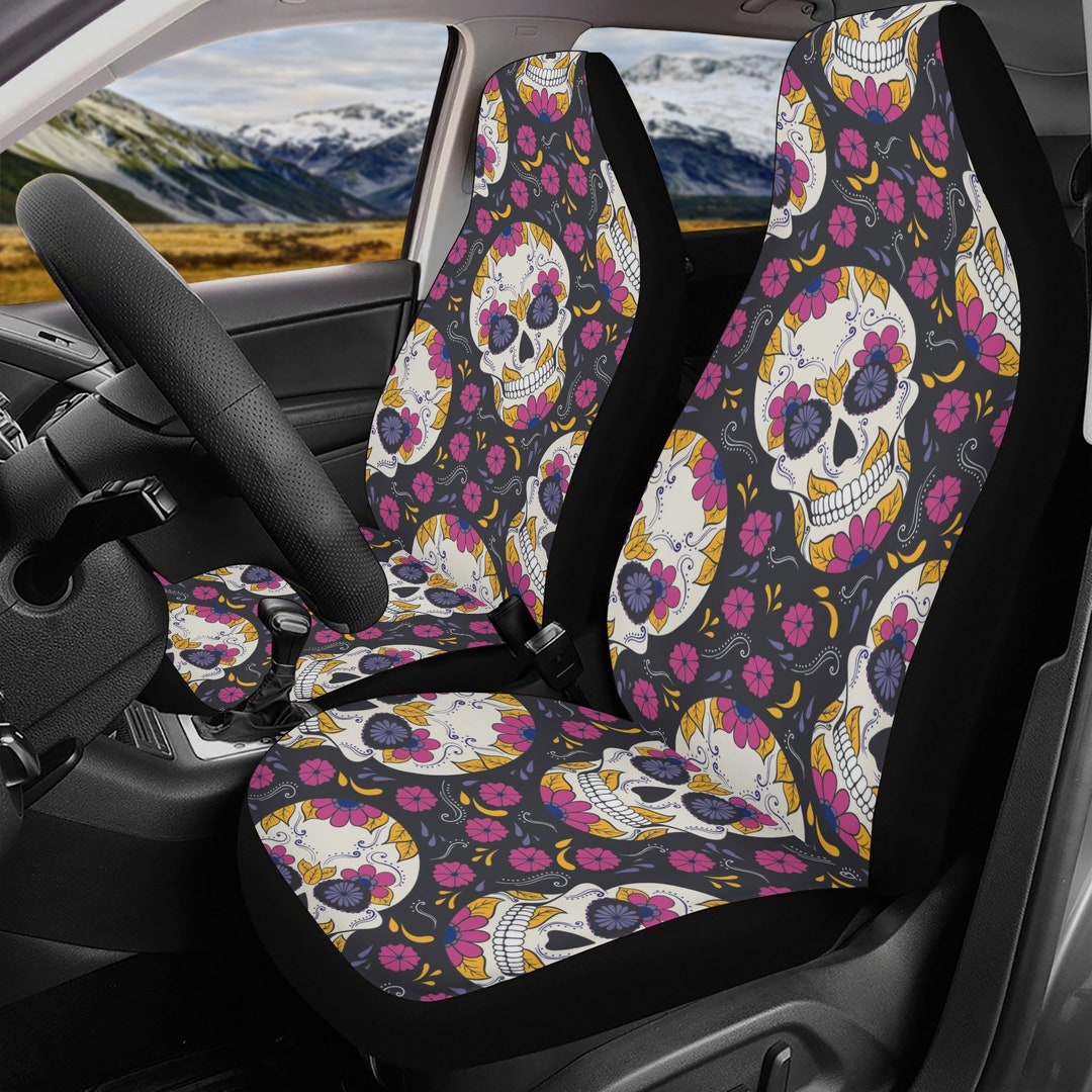 Skeleton Sugar Skull Girly Floral Rose Pattern Print Universal Fit Car Seat Cover main image 1