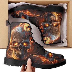 Flame skull unisex boots, gothic skull waterproof Lace Up Anti-Slip platform nooties, skull in fire waterproof shoes rose skull combat boots