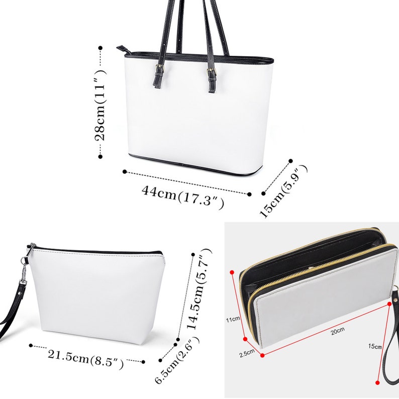 May include: A white tote bag with black handles and trim, a white zippered pouch, and a white wallet with a black zipper. The tote bag measures 17.3 inches wide by 11 inches tall and 5.9 inches deep. The pouch measures 8.5 inches wide by 5.7 inches tall and 2.6 inches deep. The wallet measures 8 inches wide by 4.7 inches tall.