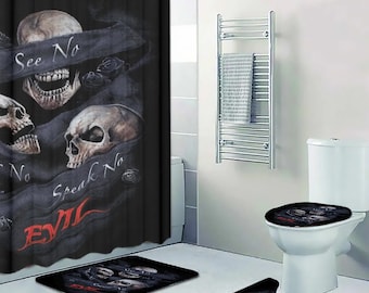 Alfombra de baño malvada, alfombra de Halloween para baño, juego de inodoro con calavera en llamas, cortina de ducha con calavera de Punisher, cortina de ducha con la Parca, alfombra de baño