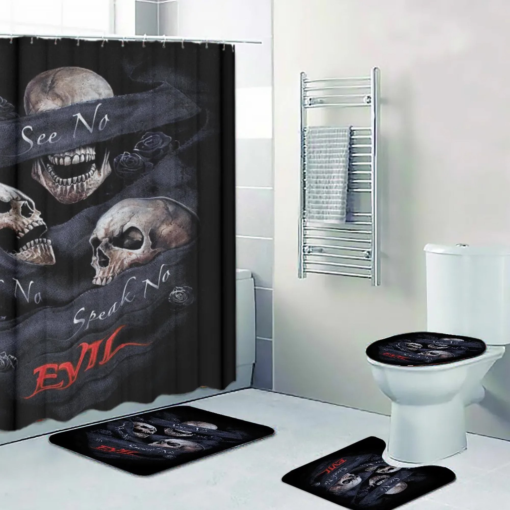 4PCS Funny Skull Shower Curtain Sets With Rugs, Waterproof Fabric Pink Shower Curtain Hello Gorgeous Fashion Skeleton Green Cactus Spooky Halloween White B