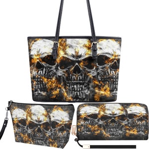 Cartera de cosméticos con esqueleto, bolso de mano con calavera en llamas, bolso con calavera en llamas con bandolera, bolso con calavera gótica, cartera larga con la parca, horror