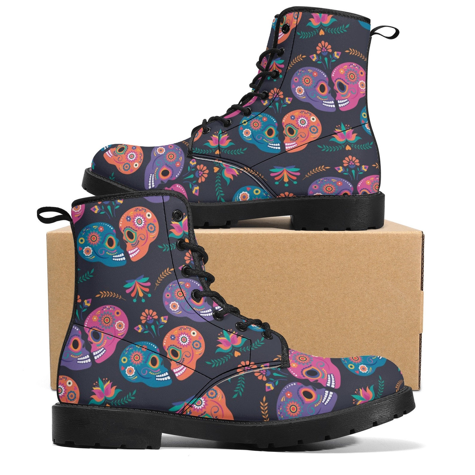 Sugar Skull Skeleton Girly Floral Rose Pattern Print Men Women Leather Boots main image 0