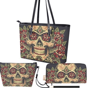 Blumen Zuckerschädel Kosmetiktasche, Blumenschädel Handtasche, mexikanische Schädel Umhängetasche, Calaveras Schädel Schultertasche Zuckerschädel Mädchen Handtasche