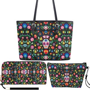 Floral Sugar Skull Geldbörse, Floral Sugar Skull Tasche mit Schultergurt, Tag der Toten Geldbörse Mexiko Kosmetiktasche, Floral Sugar Skull Kosmetiktasche