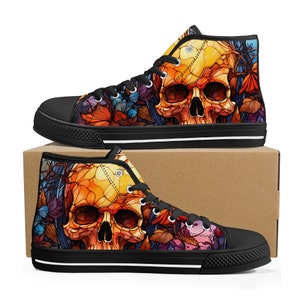 Dark horror hight top sneakers, Spooky Halloween women shoes, flaming skull women sneakers, goth high-top shoes, horror hight top sneakers,