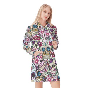 Sugar skull dress hoodie, hooded sugar skull pullover, calaveras skull sweater, candy skull dress hoodie, sugar skull sweater, skull hooded