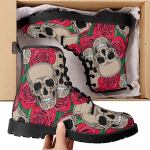 Floral skull leather boots men women, Halloween Skeleton skull boots Gothic pattern boots Floral skull punisher leather boots shoes sneakers