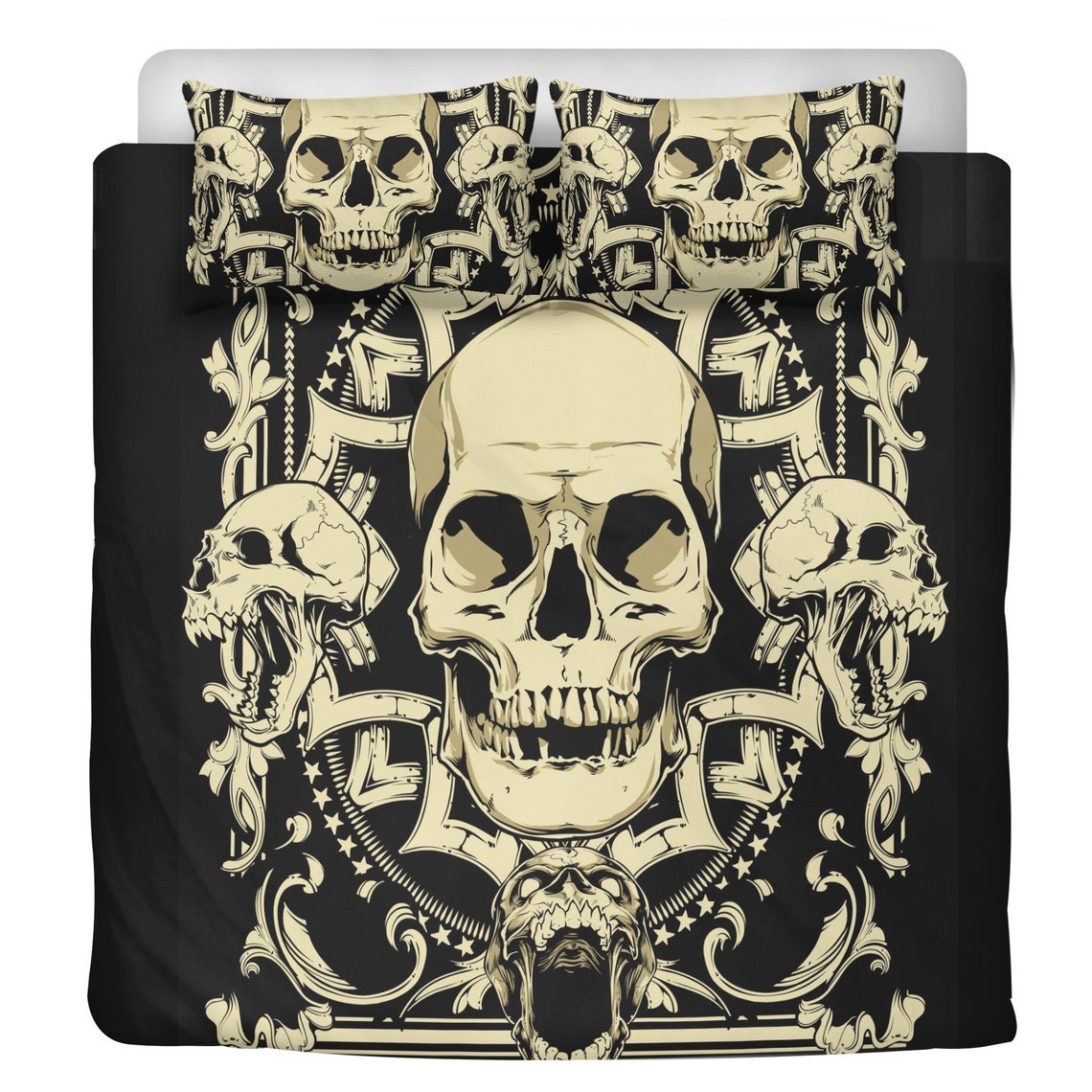 4pcs Horror Skull Bedding Set, Gothic Skeleton Duvet Cover Set