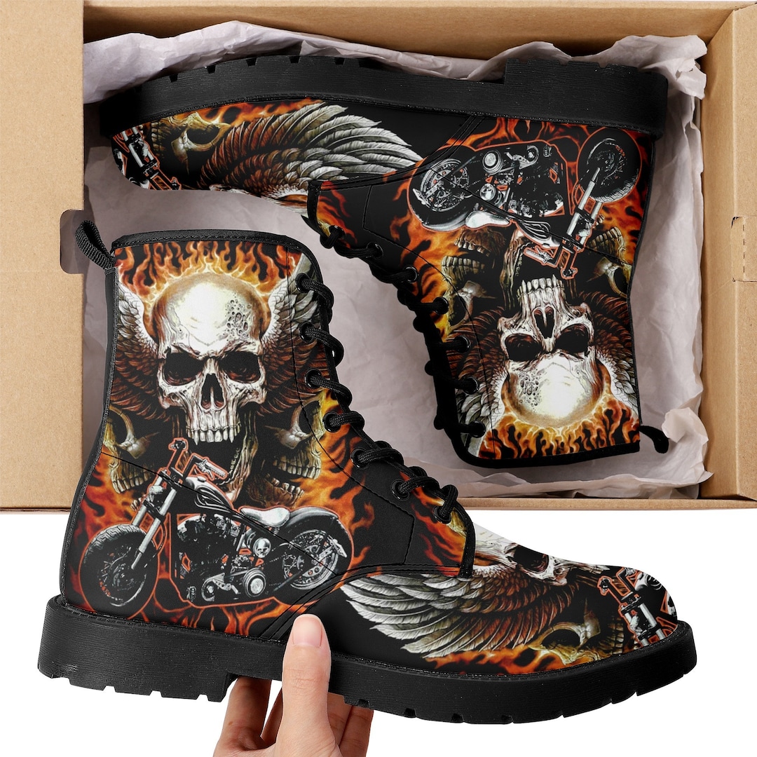 Skull Boots Streetwear Shoes for Biker, Gothic Skull Women