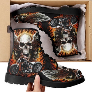 Skull boots Streetwear shoes for biker, Gothic skull women men's boots Goth death skeleton men boots, Halloween punisher skull leather boots image 1