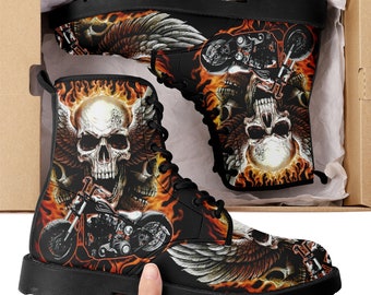 Skull boots Streetwear shoes for biker, Gothic skull women men's boots Goth death skeleton men boots, Halloween punisher skull leather boots