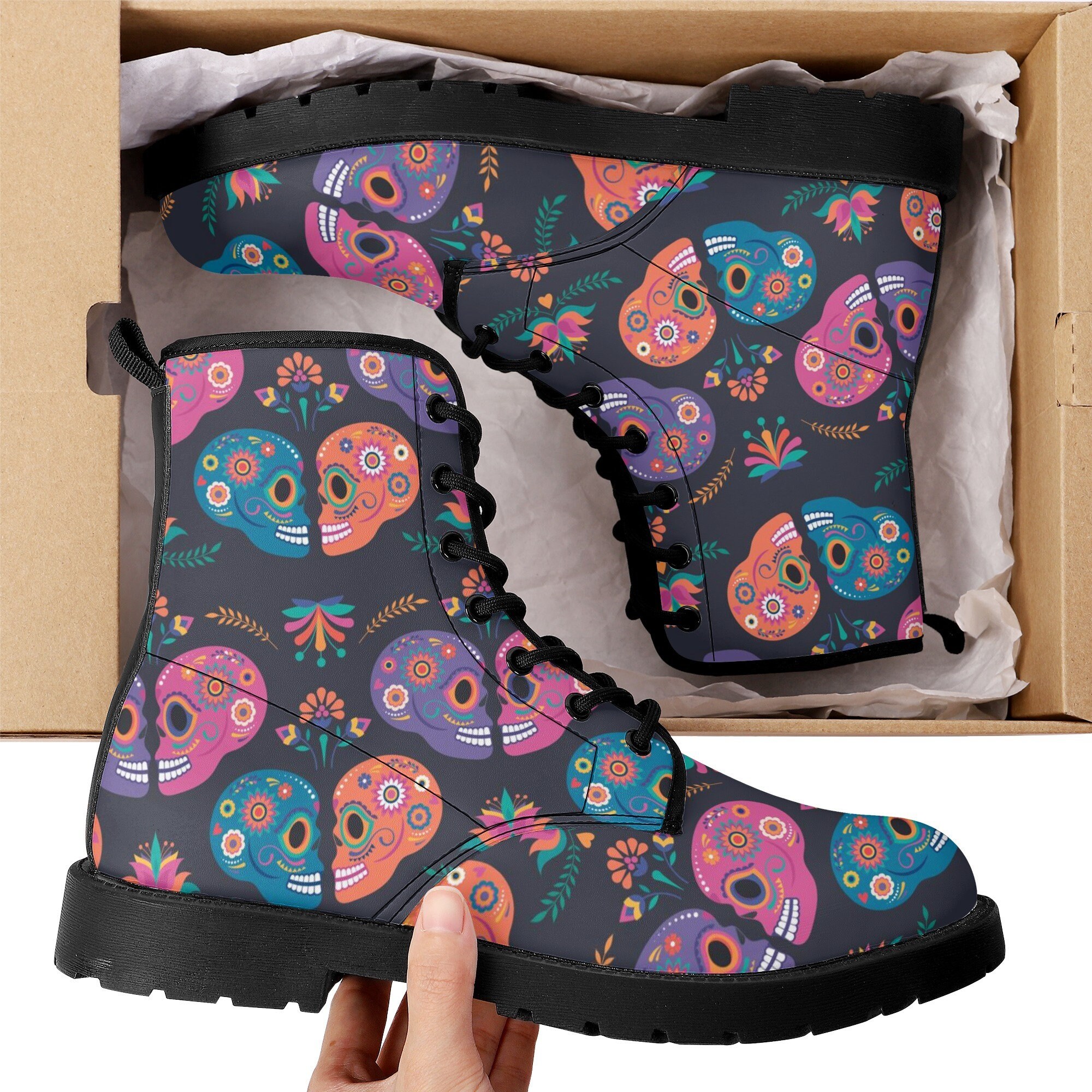 Sugar Skull Skeleton Girly Floral Rose Pattern Print Men Women Leather Boots