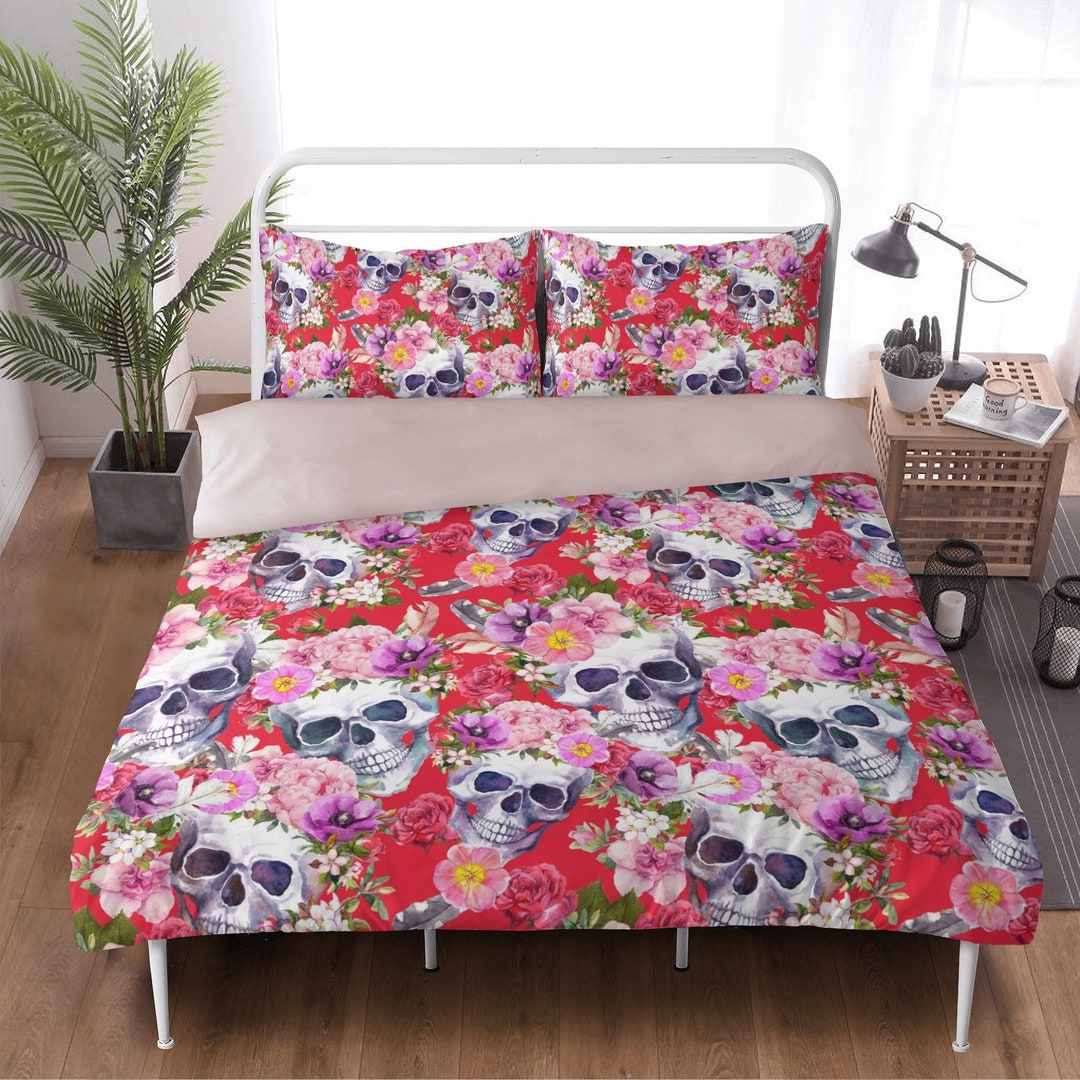 Skeleton Floral Rose Sugar Skull Girly Pattern Print Duvet Cover Bedding Set main image 0