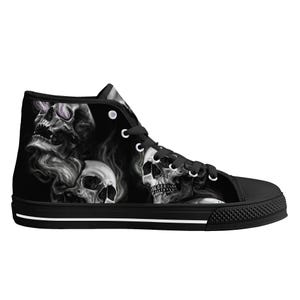 May include: Black high-top canvas shoes with a graphic print of three skulls and smoke. The skulls are in shades of gray and white against a black background.