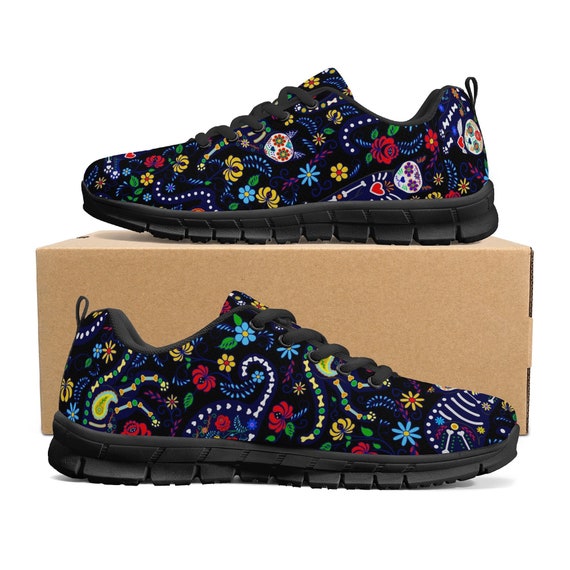 Floral skull casual shoes, dia de los muertos skull lightweigh shoes, candy  skull lightweigh shoes, day of the dead gift for runner shoes