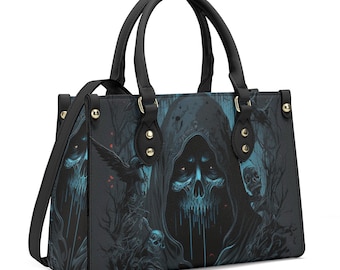 Magere Hein portemonnee, gotische schedel handtas, halloween handtas, spooky death dames handtas, motorschedel body bag, skelet make-up tas,