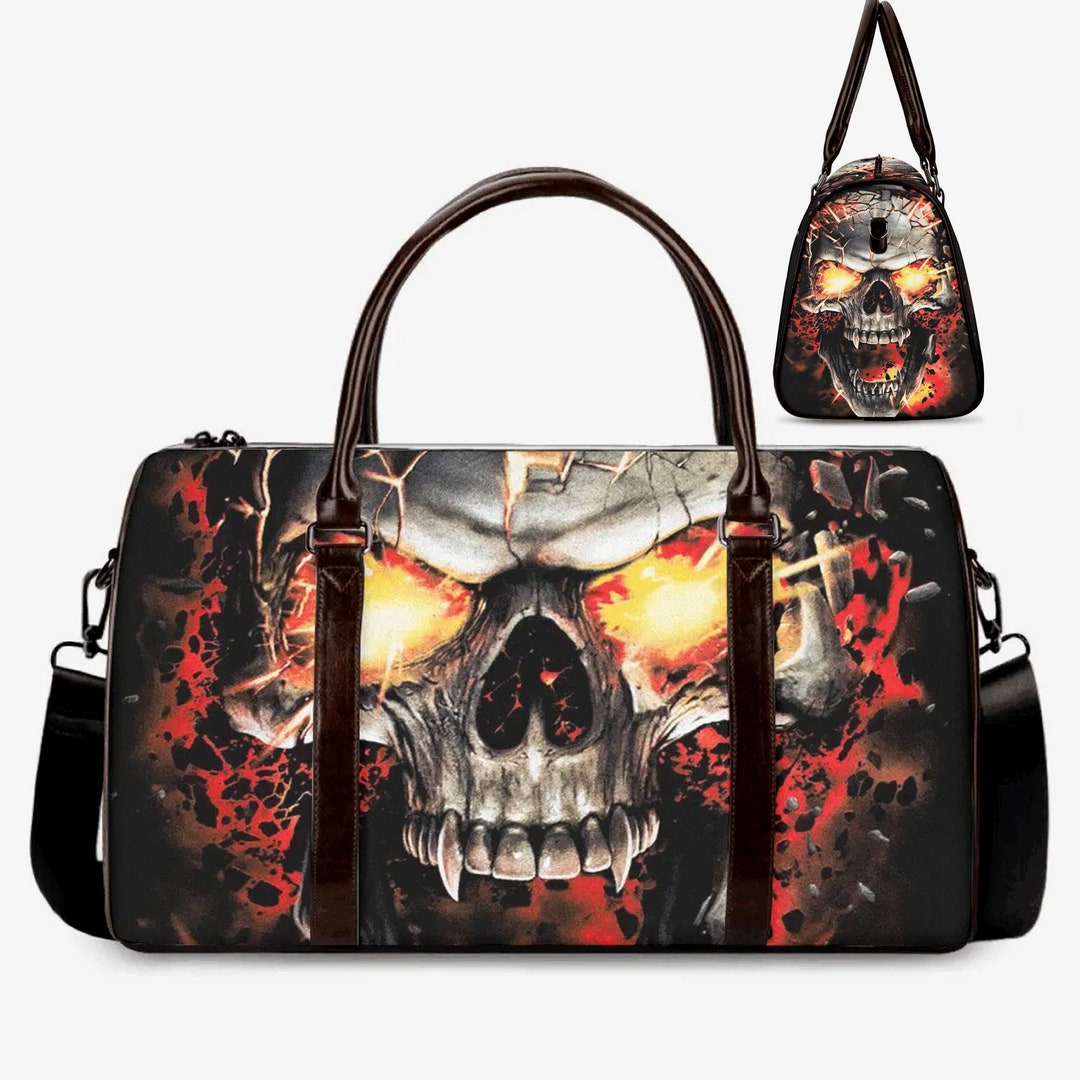 Flame Skull Duffel Bag, Biker Skull Vacation Holidays Travel Bag, Evil