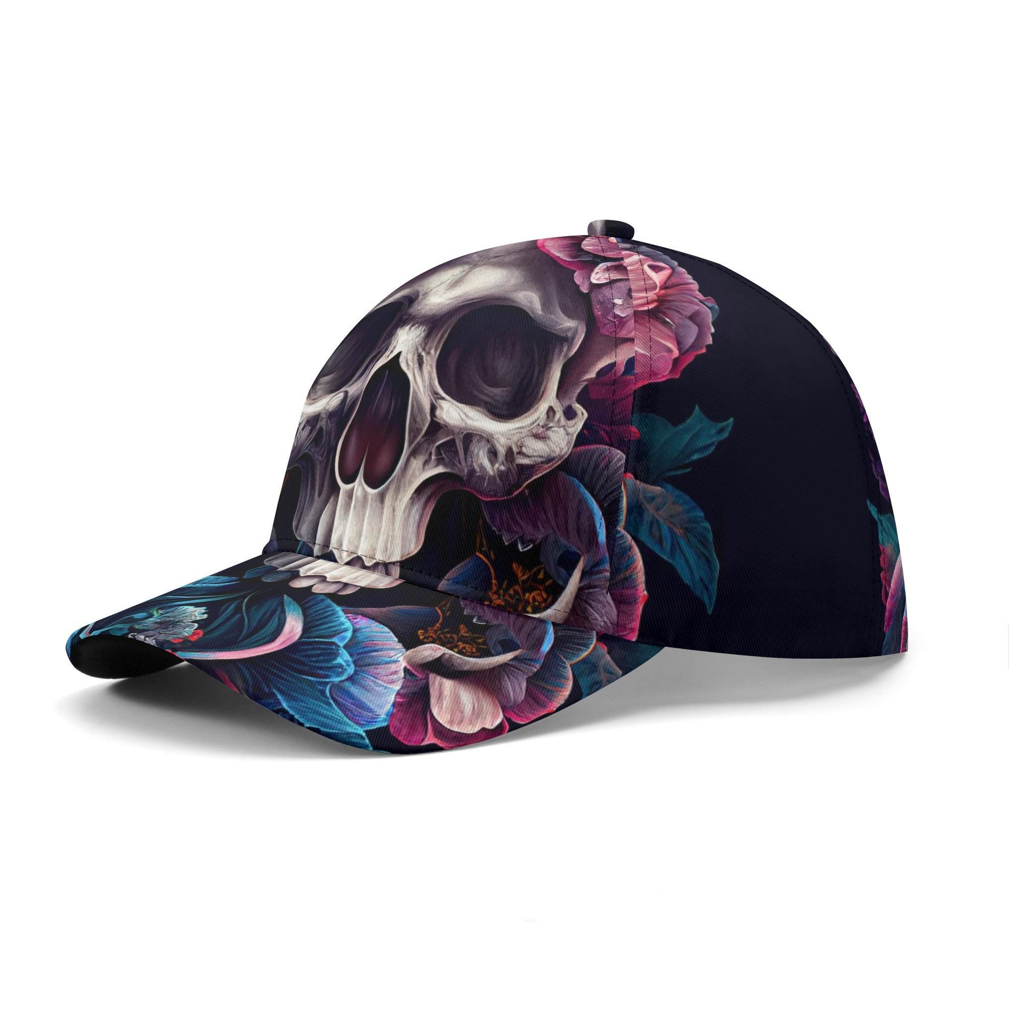 Floral Skull Cap - Gothic Rose Skull Hat, Biker Style  display picture 1