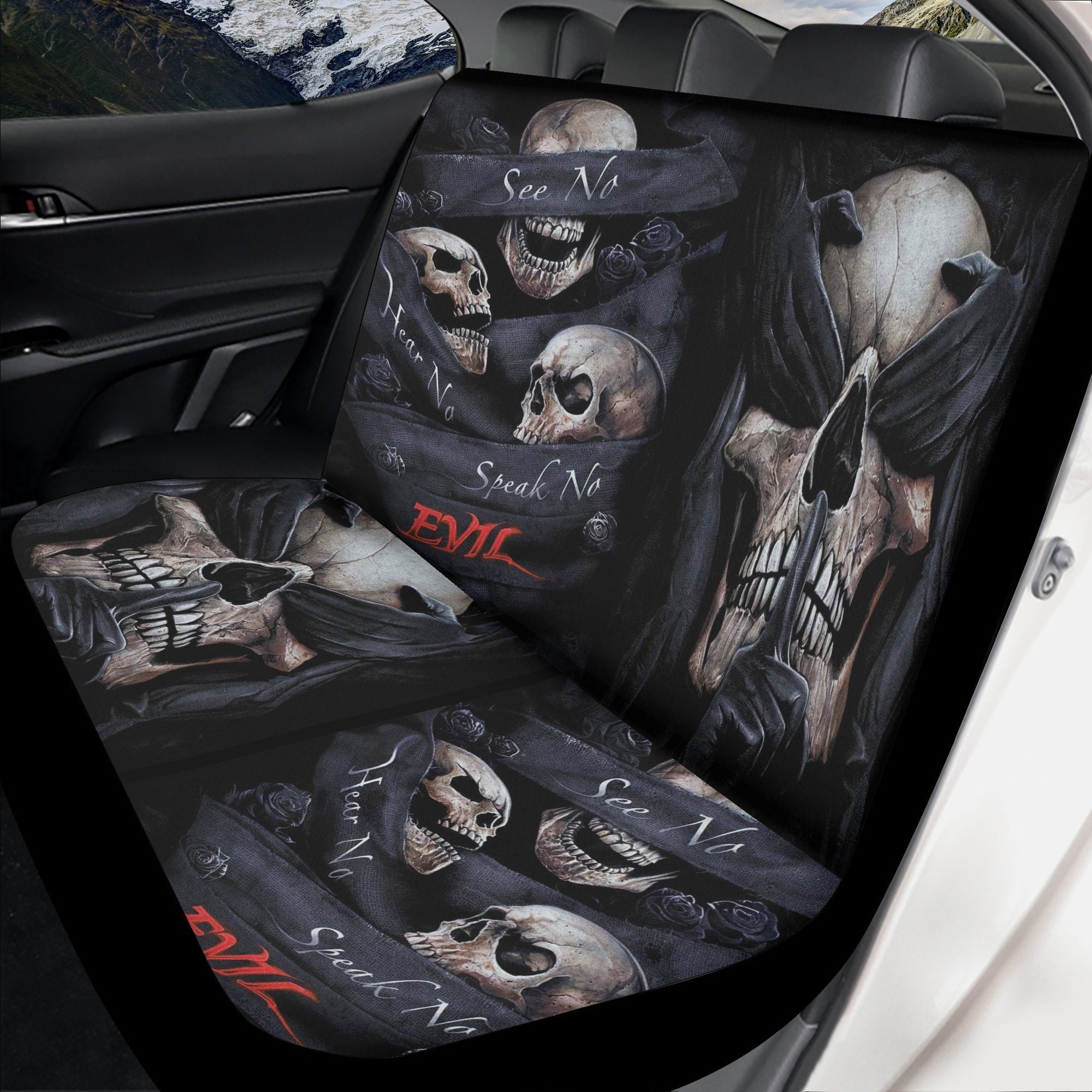 No see no hear no speak evils skull car seat cover car mat, gothic skull car seat cover mats, Halloween evils skull car protector cover mat