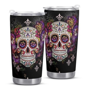 Taza del día de los muertos, taza de viaje del cráneo del día de los muertos, taza jumbo del cráneo del azúcar floral, taza de México, taza de viaje del cráneo de calaveras, cinco de mayo