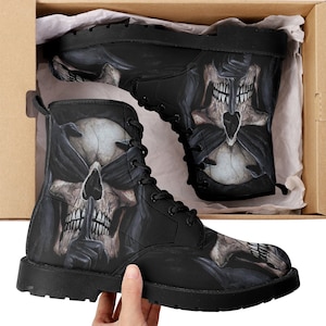 No see no hear no speak skull boots for men women, Grim reaper gothic skull women boots skeleton boots, Punisher skulls leather boots shoes