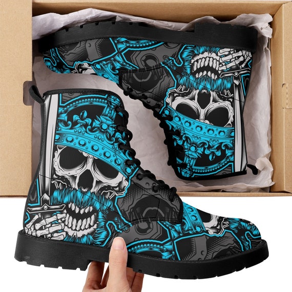 Unisex boots black and blue leather gothic devil skull punk biker. New Roock | Shoes | Unisex Boots Black And Blue Leather  main image 3