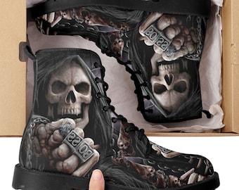 Grim reaper BOSS skull boots for men women, Gothic punisher skull women boots skeleton boots, Halloween punisher skulls leather boots shoes