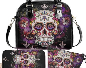 Candy skull crossbody bag, sugar skull girl cosmetic wallet, mexico handbag, sugar skull messenger bag, candy sugar skull purse wallet set