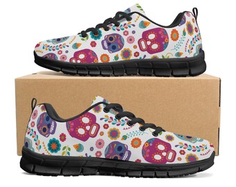 Dia de los muertos skull shoes, day of the dead shoes, mexican skull gift for runner, sugar skull breathable sneakers, mexican skull shoes