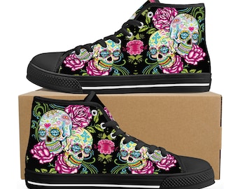 Day of the dead high-top shoes, mexico canvas shoes, floral skull shoes gift, cinco de mayo skull high-top shoes, sugar skull high-top shoes