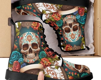 Calaveras skull ankle Boots, mexican skull boots for men women, sugar skull shoes dia de los muertos skull men women shoes sugar skull shoes