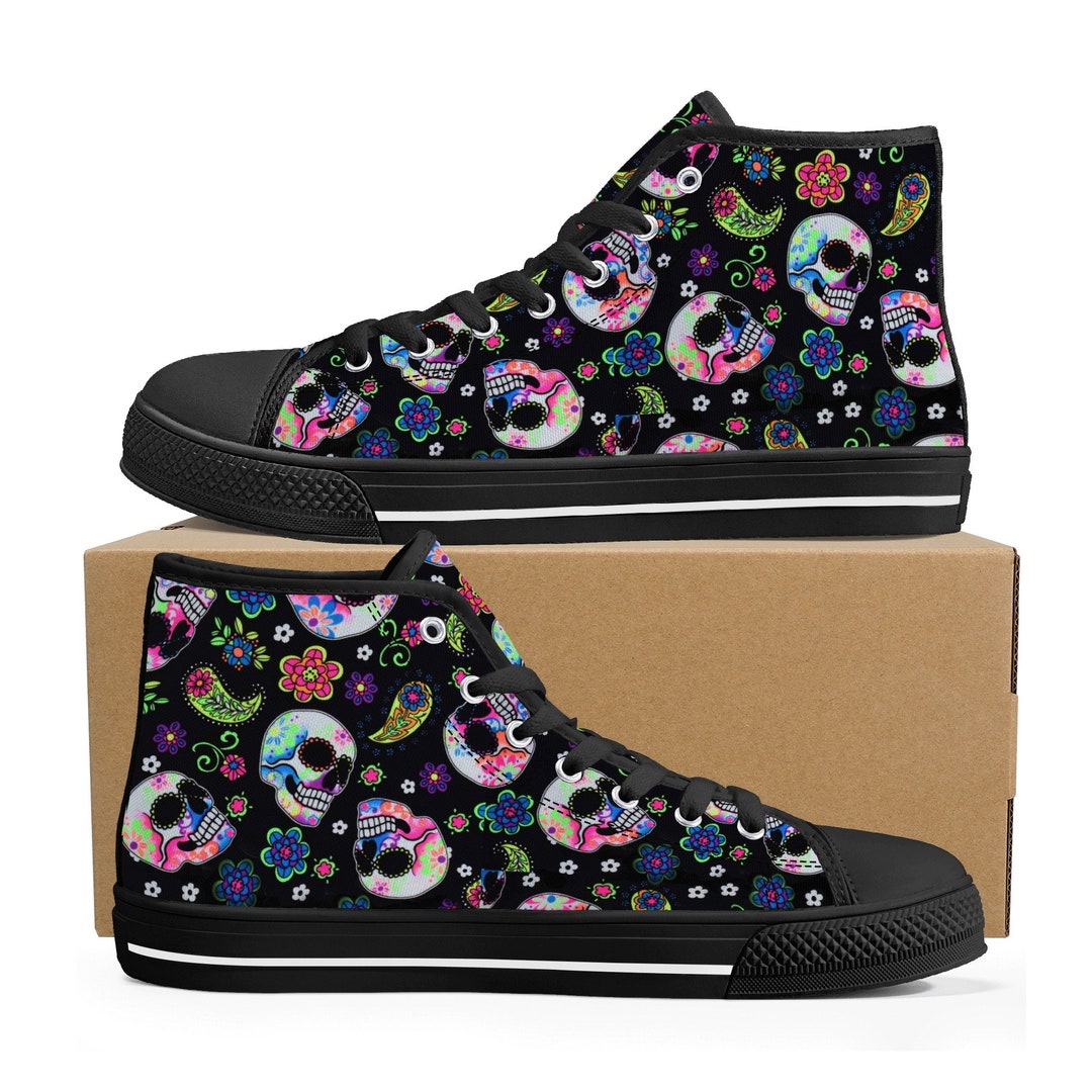 Floral Skull Shoes Gift, Floral Skull Hightop Shoes, Candy Skull Shoes for Her, Mexican Skull