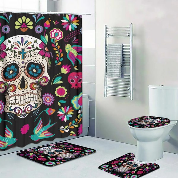 Sugar skull bath rug, candy skull rug for bathroom skull bathroom toilet set day of the dead skull shower curtain dia de los muertos bathrug